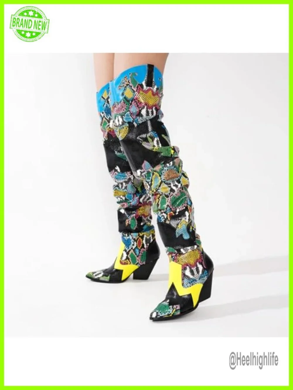 Thigh High Cowboy Boots Chunky Heel Faux Snakeskin Western Booties Slip